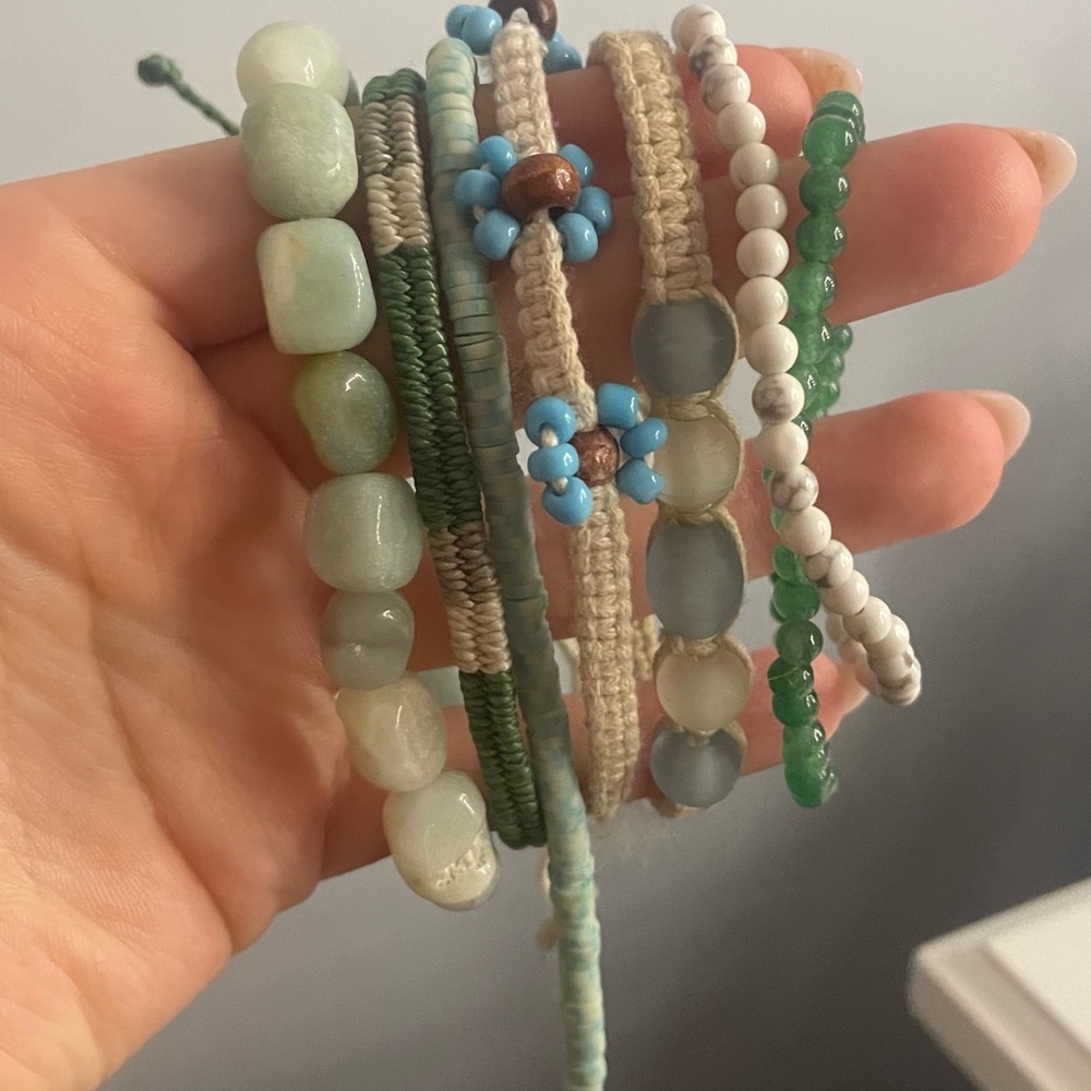 Handcrafted Beaded Bracelet Set - Green, Blue, White